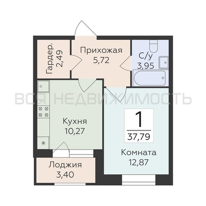 1-комнатная квартира, 37.79кв.м - изображение