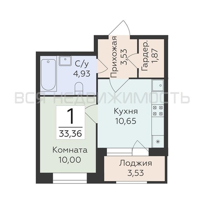 1-комнатная квартира, 33.36кв.м - изображение