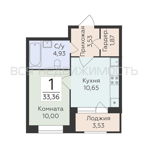 1-комнатная квартира, 33.36кв.м - изображение 0