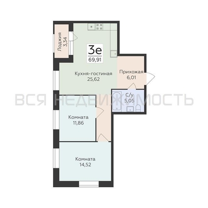2-комнатная квартира, 69.91кв.м - изображение