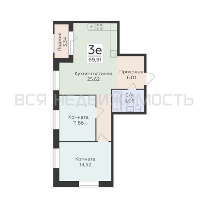 2-комнатная квартира, 69.91кв.м - изображение