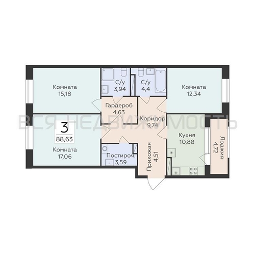 3-комнатная квартира, 88.63кв.м - изображение 0