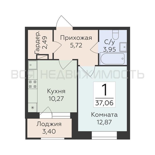 1-комнатная квартира, 37.06кв.м - изображение 0