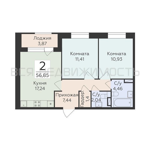 2-комнатная квартира, 56.85кв.м - изображение 0