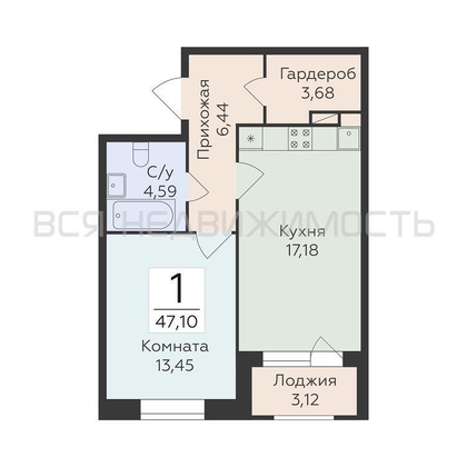 1-комнатная квартира, 47.1кв.м - изображение