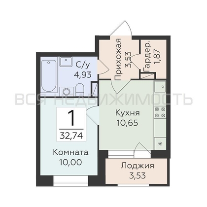 1-комнатная квартира, 32.74кв.м - изображение