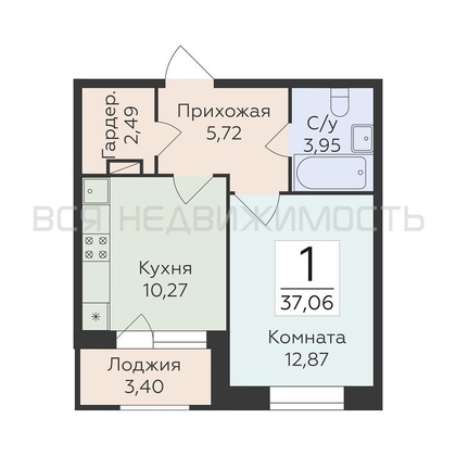 1-комнатная квартира, 37.06кв.м - изображение