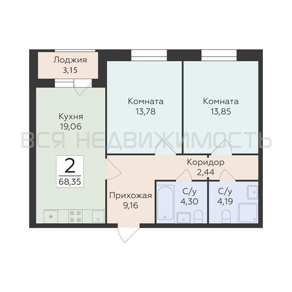 2-комнатная квартира, 68.35кв.м - изображение