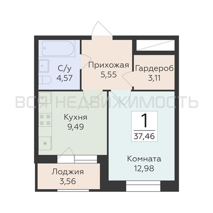 1-комнатная квартира, 37.46кв.м - изображение
