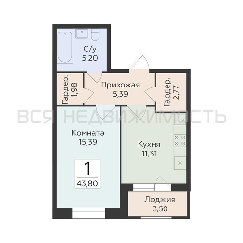 1-комнатная квартира, 43.8кв.м - изображение 0