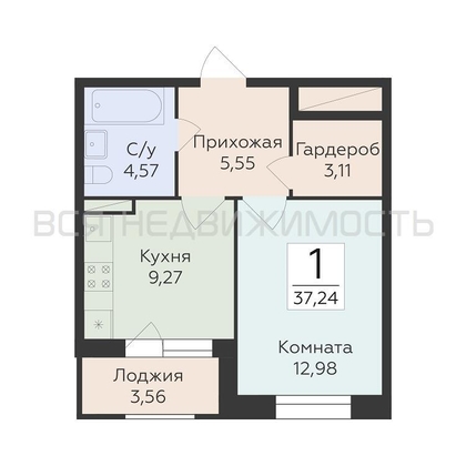 1-комнатная квартира, 37.24кв.м - изображение