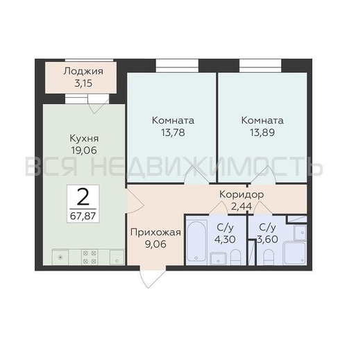 2-комнатная квартира, 67.87кв.м - изображение 0