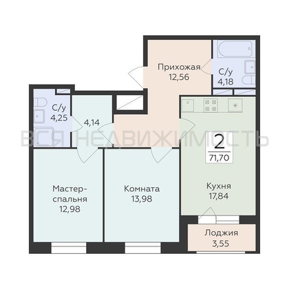 2-комнатная квартира, 71.7кв.м - изображение