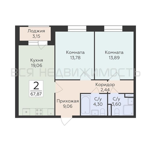 2-комнатная квартира, 67.87кв.м - изображение 0