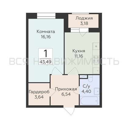 1-комнатная квартира, 43.49кв.м - изображение