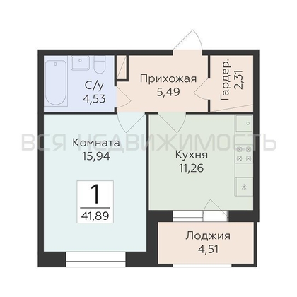 1-комнатная квартира, 41.89кв.м - изображение