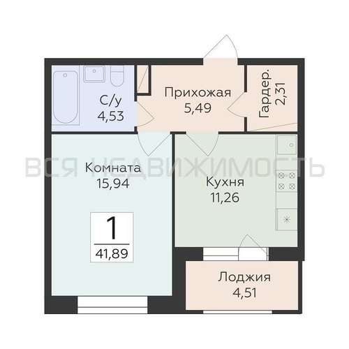 1-комнатная квартира, 41.89кв.м - изображение 0