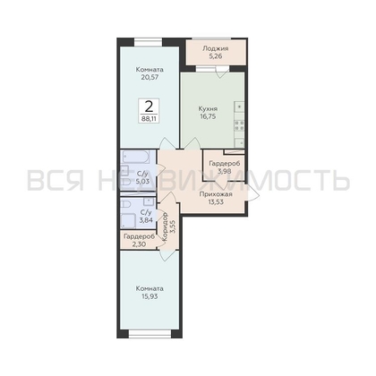 2-комнатная квартира, 88.11кв.м - изображение