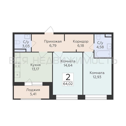 2-комнатная квартира, 64.02кв.м - изображение 0