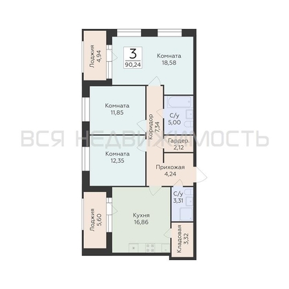 3-комнатная квартира, 90.24кв.м - изображение