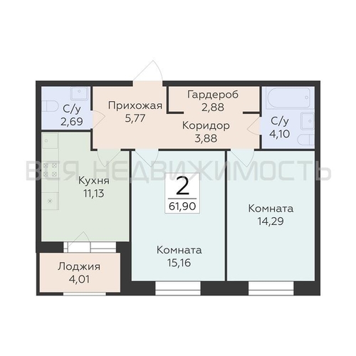 2-комнатная квартира, 61.9кв.м - изображение 0