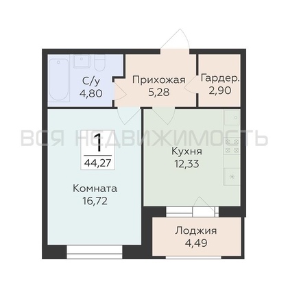 1-комнатная квартира, 44.27кв.м - изображение