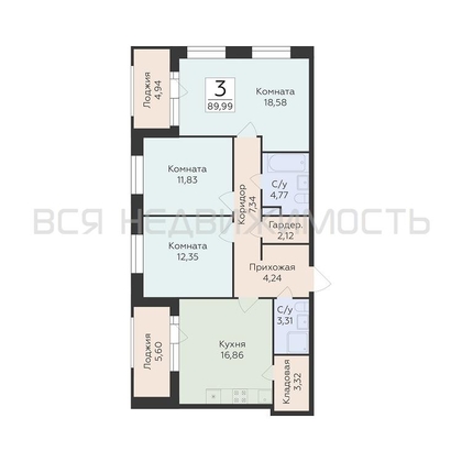 3-комнатная квартира, 89.99кв.м - изображение
