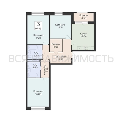 3-комнатная квартира, 97.45кв.м - изображение