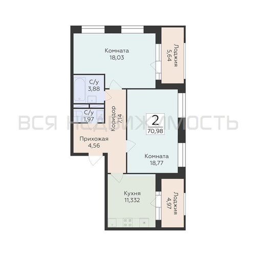 2-комнатная квартира, 70.98кв.м - изображение 0