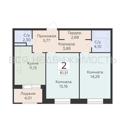 2-комнатная квартира, 61.51кв.м - изображение 1