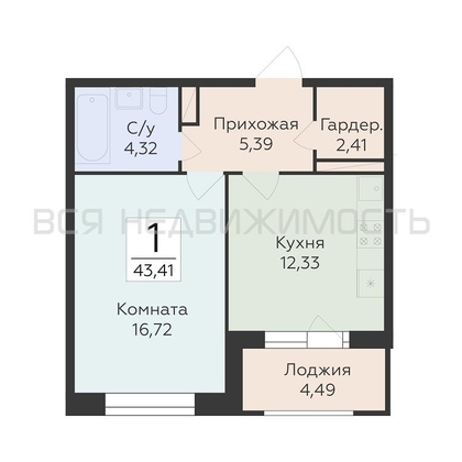 1-комнатная квартира, 43.41кв.м - изображение