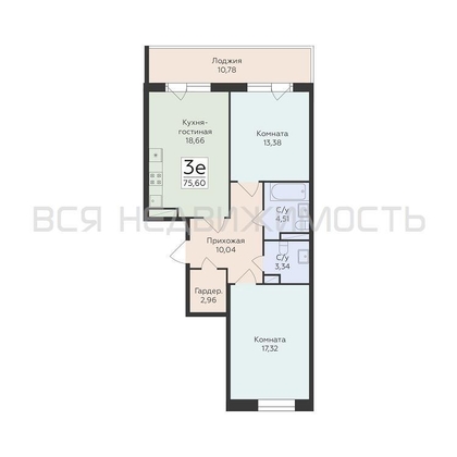 2-комнатная квартира, 75.6кв.м - изображение