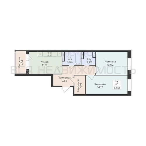 2-комнатная квартира, 62.51кв.м - изображение 0