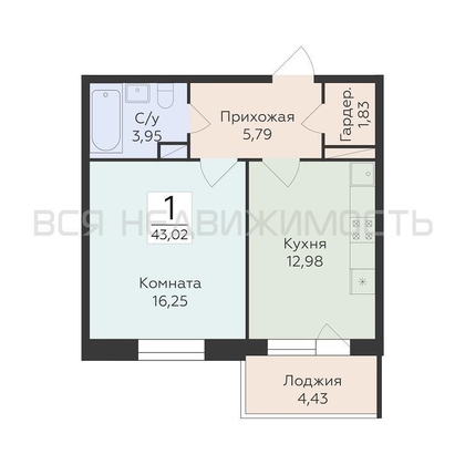 1-комнатная квартира, 43.02кв.м - изображение