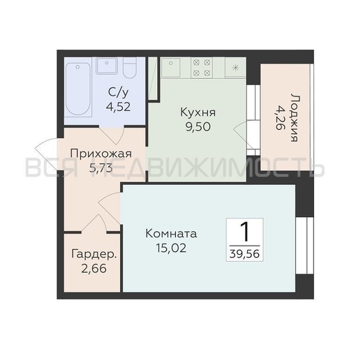 1-комнатная квартира, 39.56кв.м - изображение 0