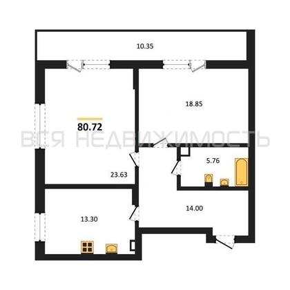 2-комнатная квартира, 80.72кв.м - изображение