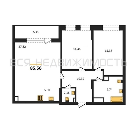 2-комнатная квартира, 85.56кв.м - изображение