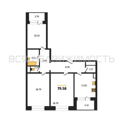 3-комнатная квартира, 79.59кв.м - изображение