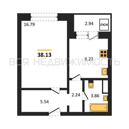 1-комнатная квартира, 38.13кв.м - изображение