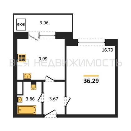 1-комнатная квартира, 36.29кв.м - изображение