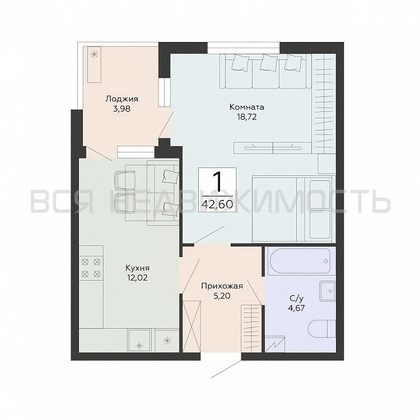 1-комнатная квартира, 42.6кв.м - изображение