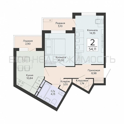 2-комнатная квартира, 54.11кв.м - изображение