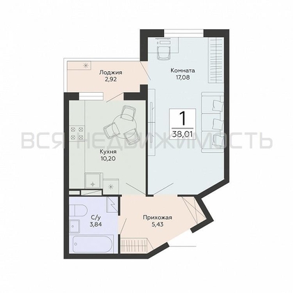 1-комнатная квартира, 38.01кв.м - изображение