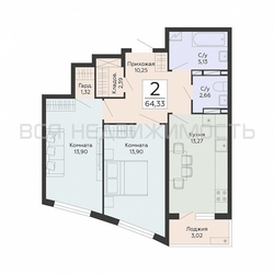 2-комнатная квартира, 64.33кв.м - изображение 1
