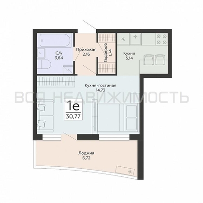 1-комнатная квартира, 30.77кв.м - изображение