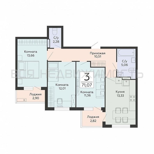 3-комнатная квартира, 71.07кв.м - изображение 0