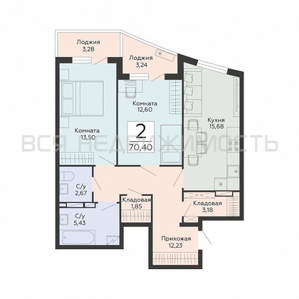 2-комнатная квартира, 70.4кв.м - изображение