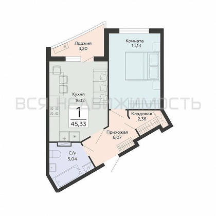 1-комнатная квартира, 45.33кв.м - изображение