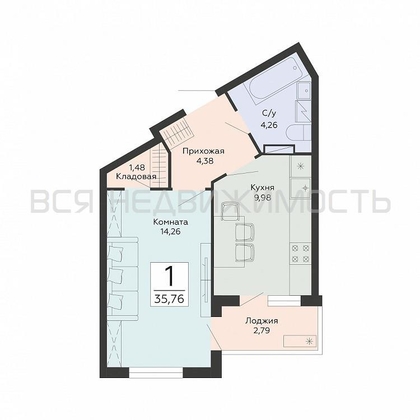 1-комнатная квартира, 35.76кв.м - изображение