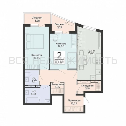 2-комнатная квартира, 70.4кв.м - изображение